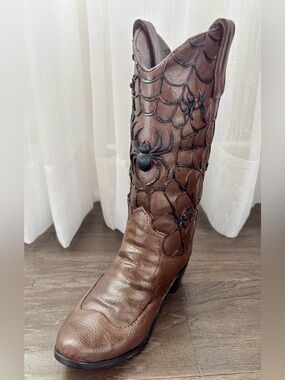 At Home Western Halloween Cowboy Boot, spiders,webs,resin,tabletop display
